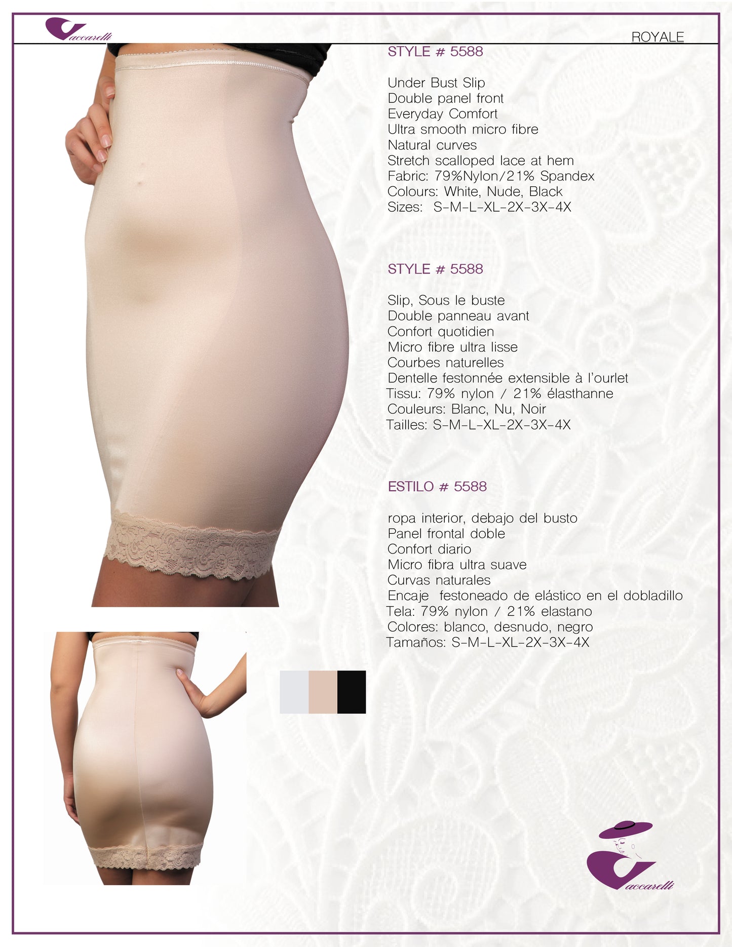 Vaccarelli Style #5588 Under Bust Slip, Double Panel Front ( Royale)